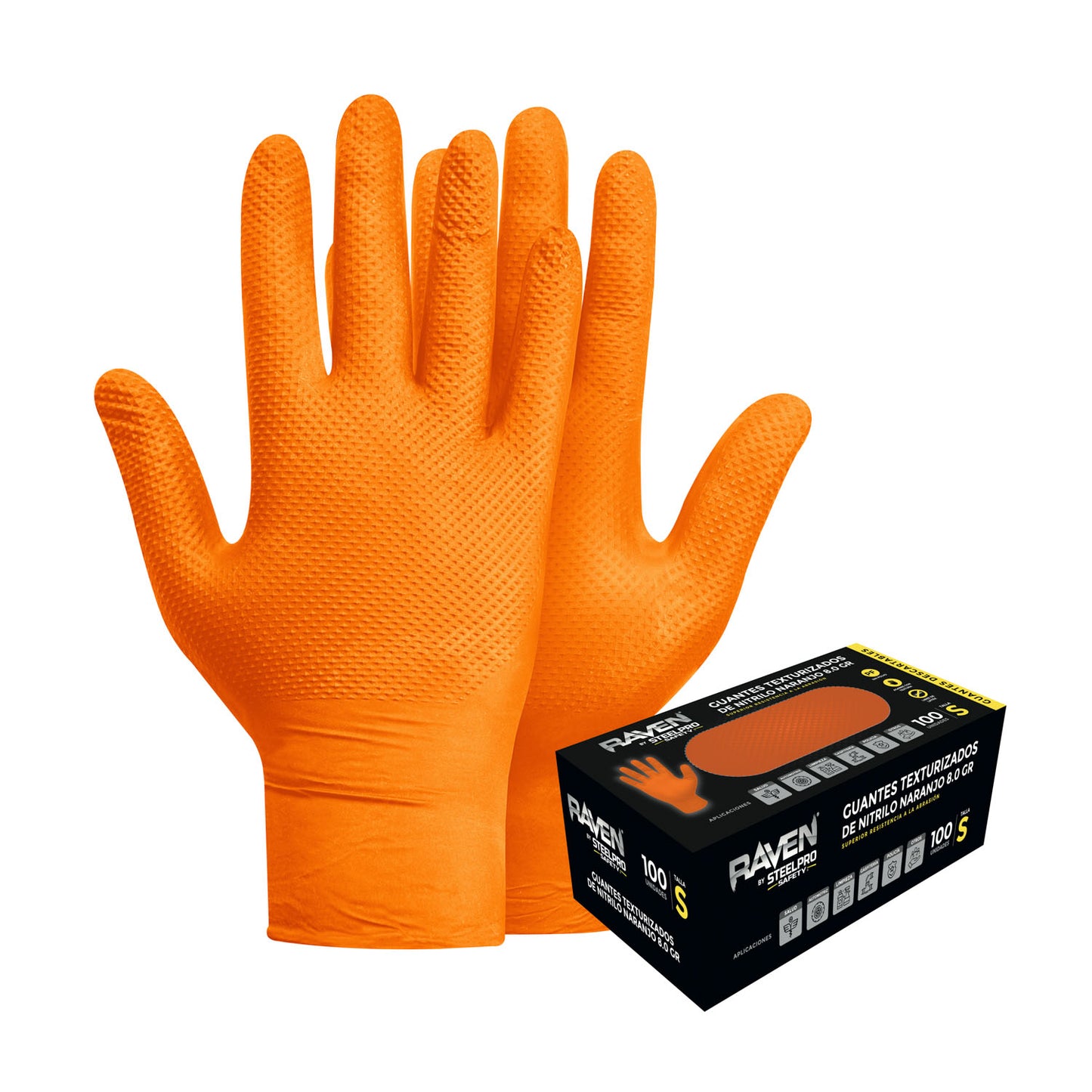 Guante nitrilo texturizado Naranjo 8gr Steelpro Raven 100uds